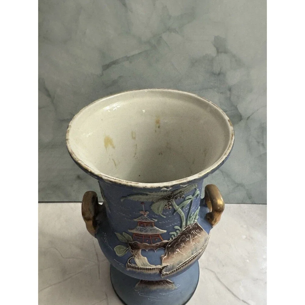 Vintage Japan Blue Ceramic Vase Elephant Handles Pagoda Landscape Hand Painted